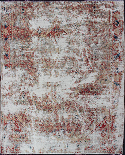 Keivan Woven Arts Distressed and rustic looking antique Persian Mahal rug with red, cream and navy blue accents. Keivan Woven Arts/ Rug/HAR - 217 - 1, country of origin / type: Iran / Mahal, circa 1920 Measures: 5'2 x 6'5. This antique rustic... - Keivan Woven ArtsHAR - 217 - 1 - 12297Rug