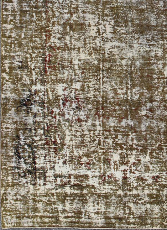 Distressed Vintage Persian Rug with Modern Design in Shades of Yellow - Green, White, and Red Measures: 9'4 x 13'8 Distressed vintage Persian large abstract Rug with Modern abstract Design/ abstract design in shades of green - yellow with red highli... - Keivan Woven ArtsHAR - 228 - 8257