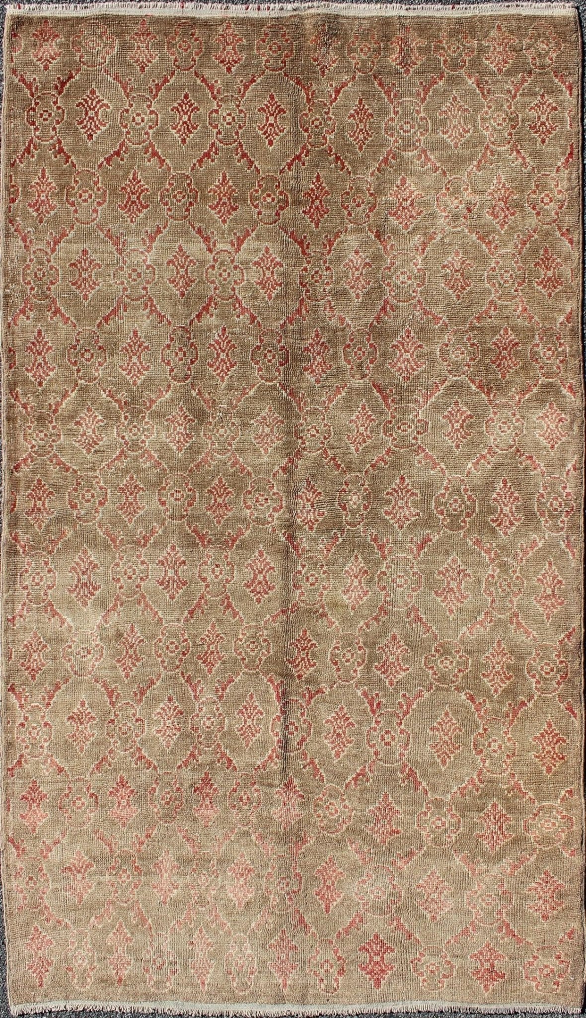 Turkish Tulu Rug with All - Over Repeating Design in Light Green, Red and Cream Vintage Tulu Turkish with All - Over Design in Red rug/has - 1777, origin/turkey kwarugs This unique Mid - Century Tulu carpet displays an all - over repeating patte... - Keivan Woven ArtsHAS - 1777 - 1022Rug