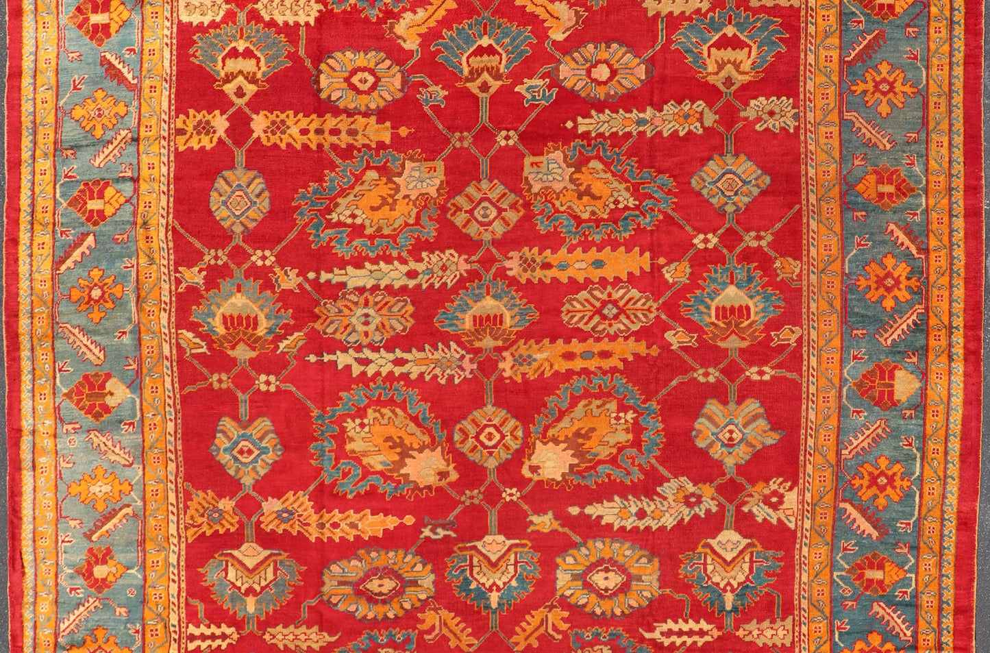 Traditional Design Antique Turkish Oushak Rug in Red, Blue and Marigold. Keivan Woven Arts / Rug / HAS - 3326 / country of origin / type: Turkey / Oushak, circa 1910. Measures: 11'7 x 12'5. This brilliant antique Turkish Oushak rug displays a glor... - Keivan Woven ArtsHAS - 3326 - 4170Rug