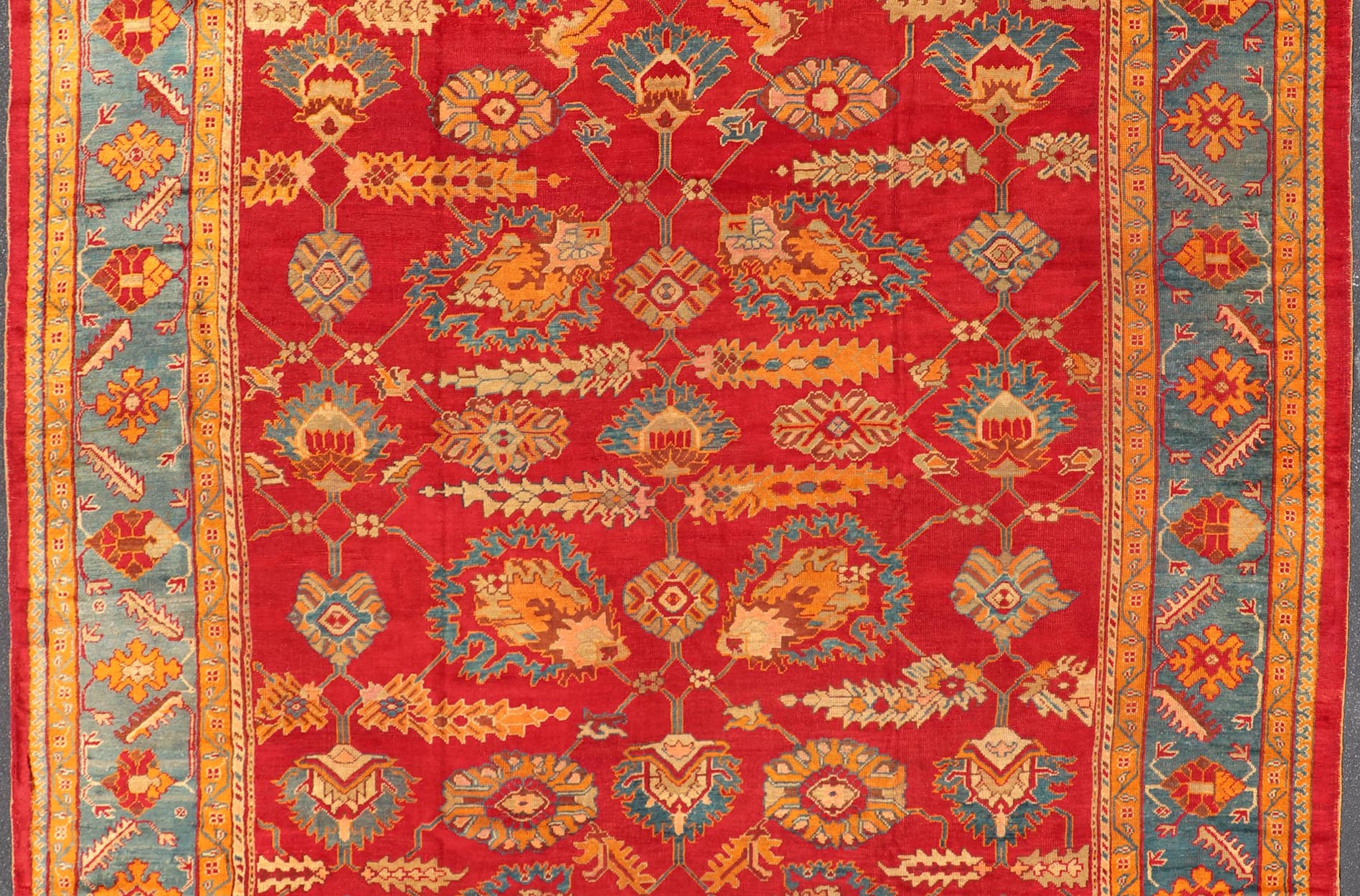 Traditional Design Antique Turkish Oushak Rug in Red, Blue and Marigold. Keivan Woven Arts / Rug / HAS - 3326 / country of origin / type: Turkey / Oushak, circa 1910. Measures: 11'7 x 12'5. This brilliant antique Turkish Oushak rug displays a glor... - Keivan Woven ArtsHAS - 3326 - 4170Rug