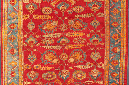 Traditional Design Antique Turkish Oushak Rug in Red, Blue and Marigold. Keivan Woven Arts / Rug / HAS - 3326 / country of origin / type: Turkey / Oushak, circa 1910. Measures: 11'7 x 12'5. This brilliant antique Turkish Oushak rug displays a glor... - Keivan Woven ArtsHAS - 3326 - 4170Rug