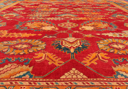 Traditional Design Antique Turkish Oushak Rug in Red, Blue and Marigold. Keivan Woven Arts / Rug / HAS - 3326 / country of origin / type: Turkey / Oushak, circa 1910. Measures: 11'7 x 12'5. This brilliant antique Turkish Oushak rug displays a glor... - Keivan Woven ArtsHAS - 3326 - 4170Rug
