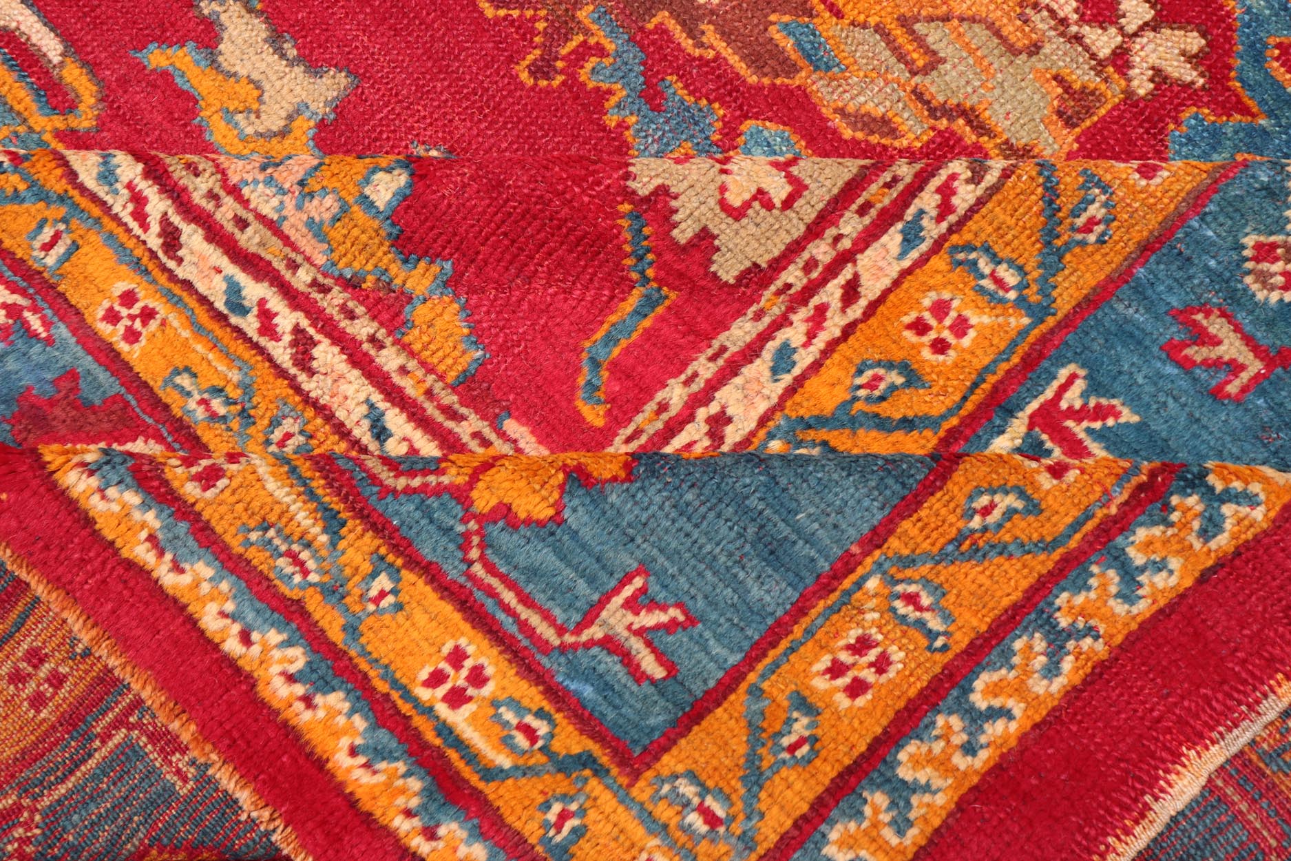 Traditional Design Antique Turkish Oushak Rug in Red, Blue and Marigold. Keivan Woven Arts / Rug / HAS - 3326 / country of origin / type: Turkey / Oushak, circa 1910. Measures: 11'7 x 12'5. This brilliant antique Turkish Oushak rug displays a glor... - Keivan Woven ArtsHAS - 3326 - 4170Rug