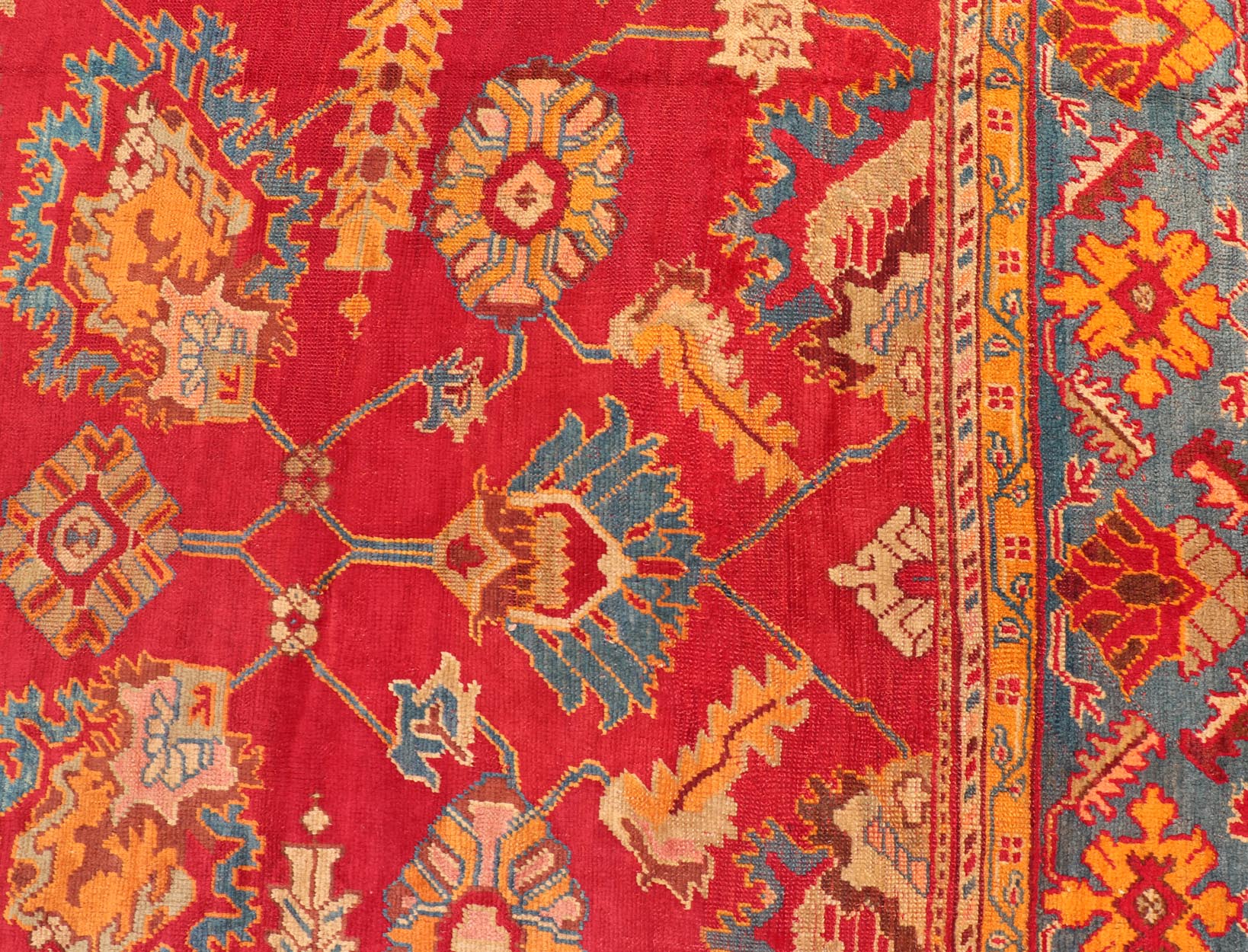 Traditional Design Antique Turkish Oushak Rug in Red, Blue and Marigold. Keivan Woven Arts / Rug / HAS - 3326 / country of origin / type: Turkey / Oushak, circa 1910. Measures: 11'7 x 12'5. This brilliant antique Turkish Oushak rug displays a glor... - Keivan Woven ArtsHAS - 3326 - 4170Rug