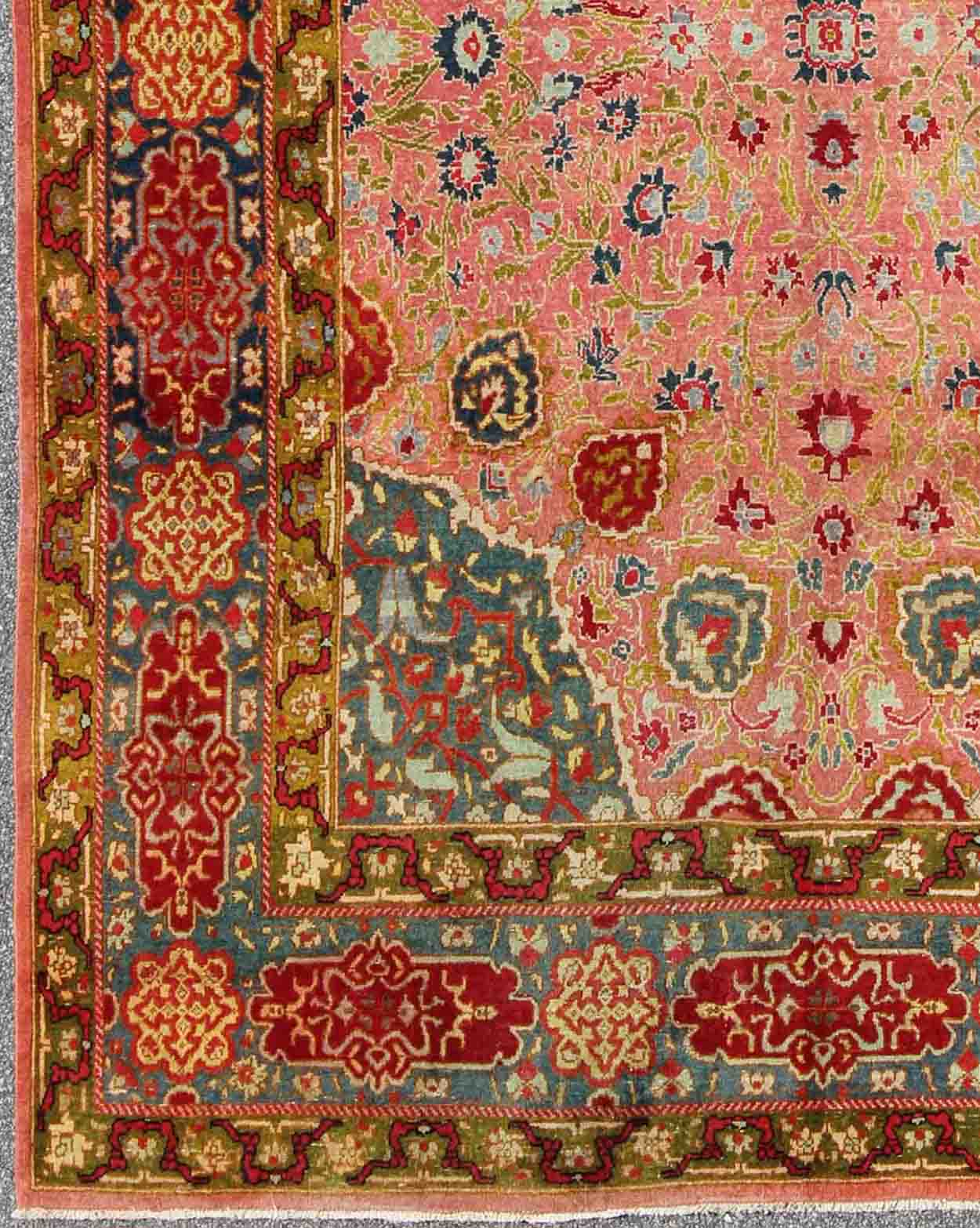 Colorful Antique Indian Amritsar in Pink, Teal, Red, Blue, Teal, Chartreuse Green. Colorful Antique Indian Amritsar, Keivan Woven Arts / rug /HAS - 6747, country of origin / type: India / Amritsar , circa 1920. Measures: 8'10 x 11'8 ... - Keivan Woven ArtsHAS - 6747 - 705Rug