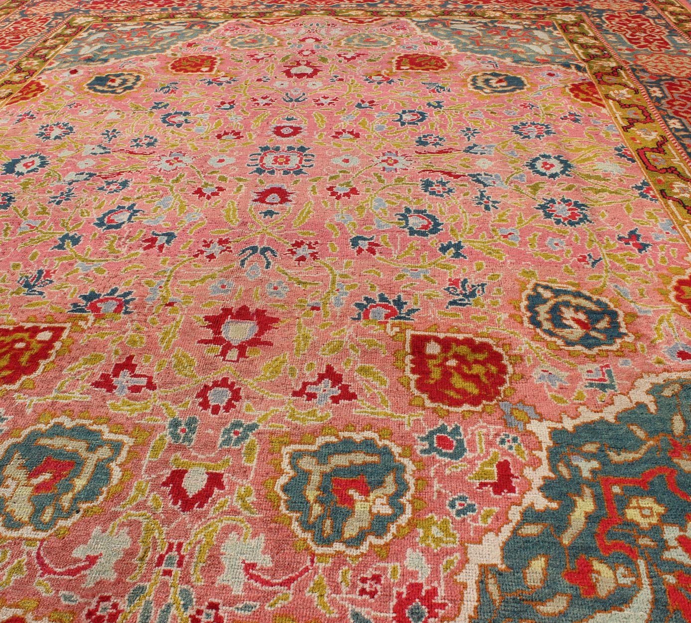 Colorful Antique Indian Amritsar in Pink, Teal, Red, Blue, Teal, Chartreuse Green. Colorful Antique Indian Amritsar, Keivan Woven Arts / rug /HAS - 6747, country of origin / type: India / Amritsar , circa 1920. Measures: 8'10 x 11'8 ... - Keivan Woven ArtsHAS - 6747 - 705Rug