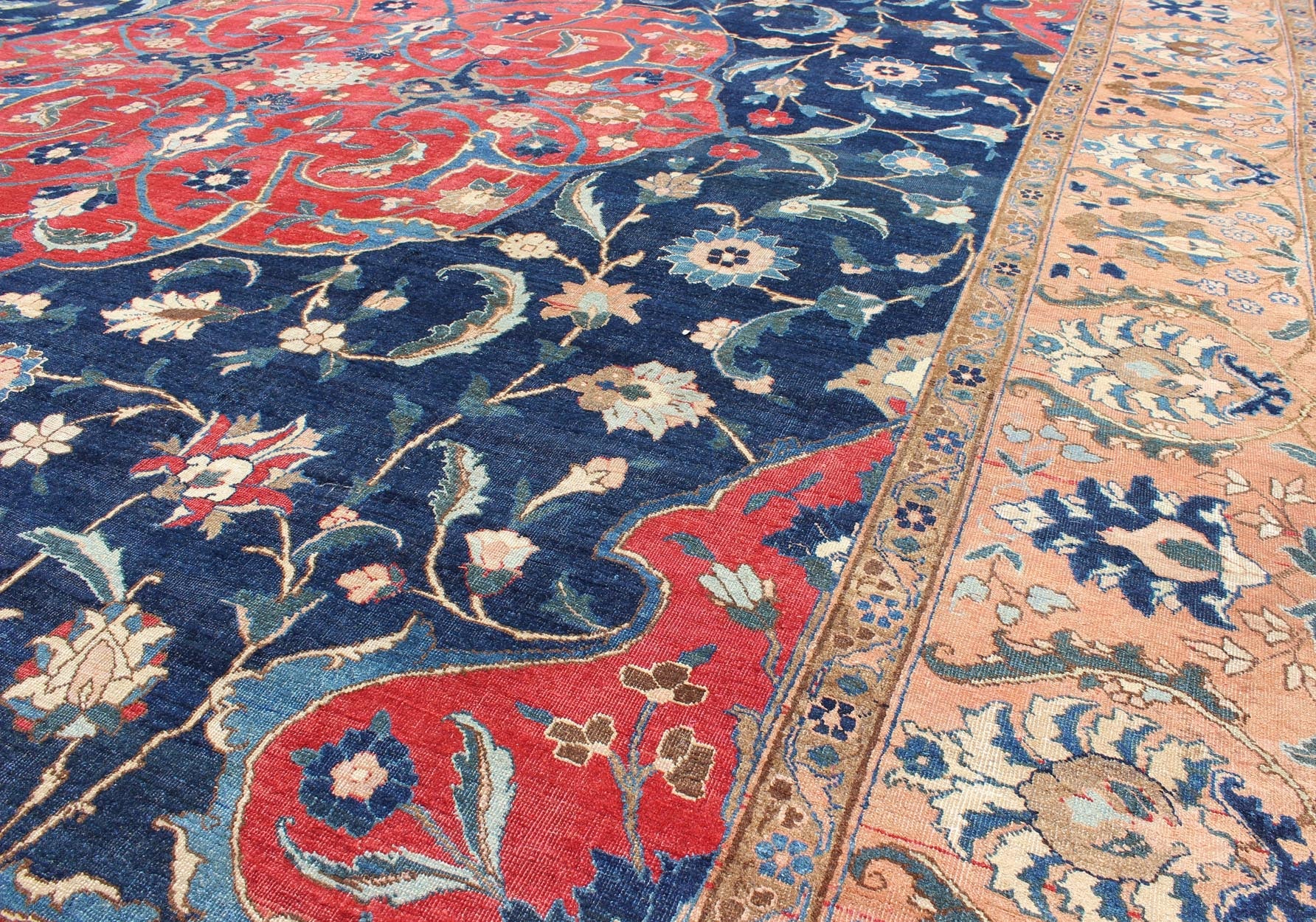 Antique Large Persian Tabriz Rug with Large Flowers On A Navy Background. Antique Persian Tabriz. Keivan Woven Arts / rug HAS - 711, country of origin / type: Persian / Tabriz, circa Early - 20th Century. Measures: 13'0'' x 17'6''. This antique Persi... - Keivan Woven ArtsHAS - 711 - 367