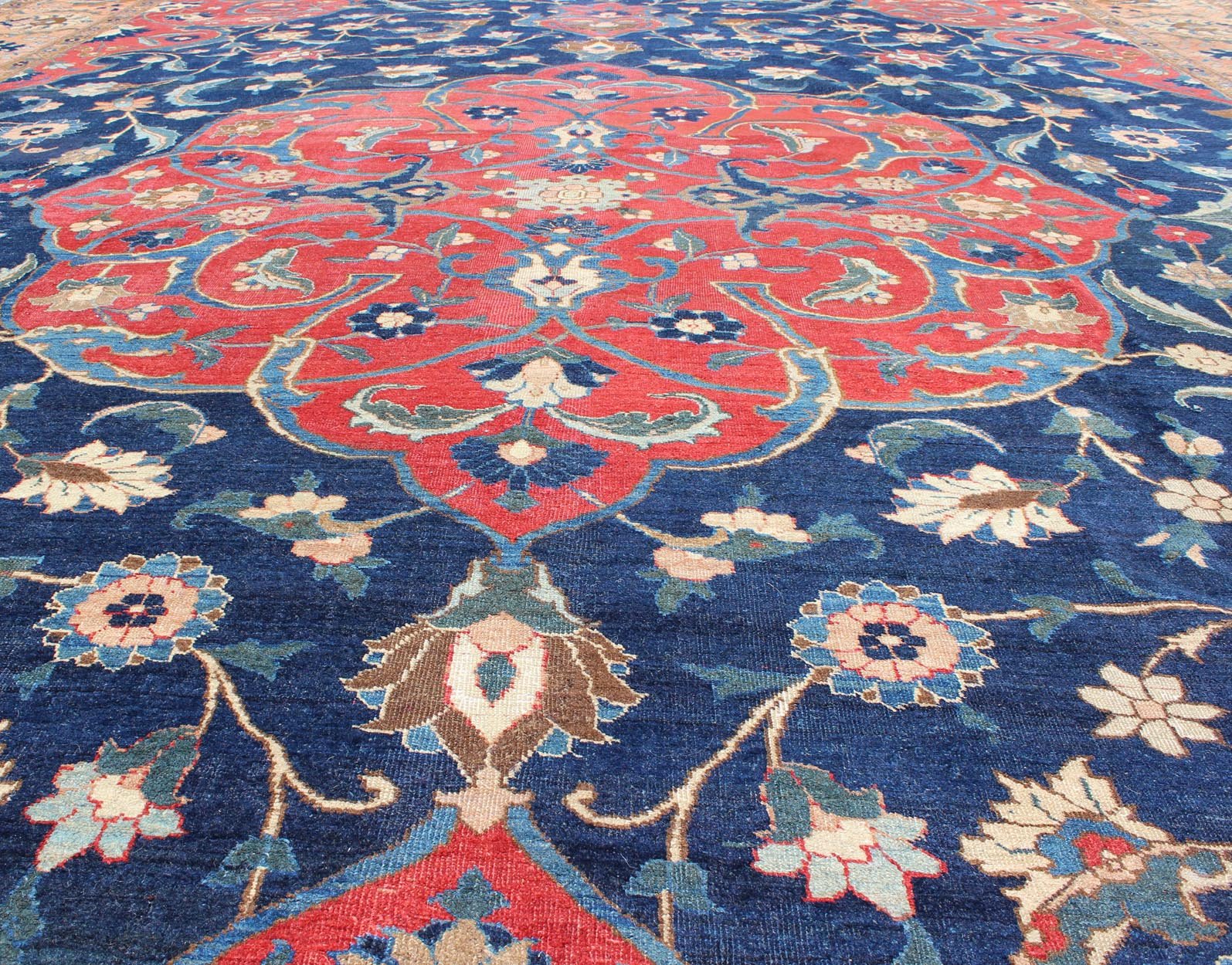 Antique Large Persian Tabriz Rug with Large Flowers On A Navy Background. Antique Persian Tabriz. Keivan Woven Arts / rug HAS - 711, country of origin / type: Persian / Tabriz, circa Early - 20th Century. Measures: 13'0'' x 17'6''. This antique Persi... - Keivan Woven ArtsHAS - 711 - 367