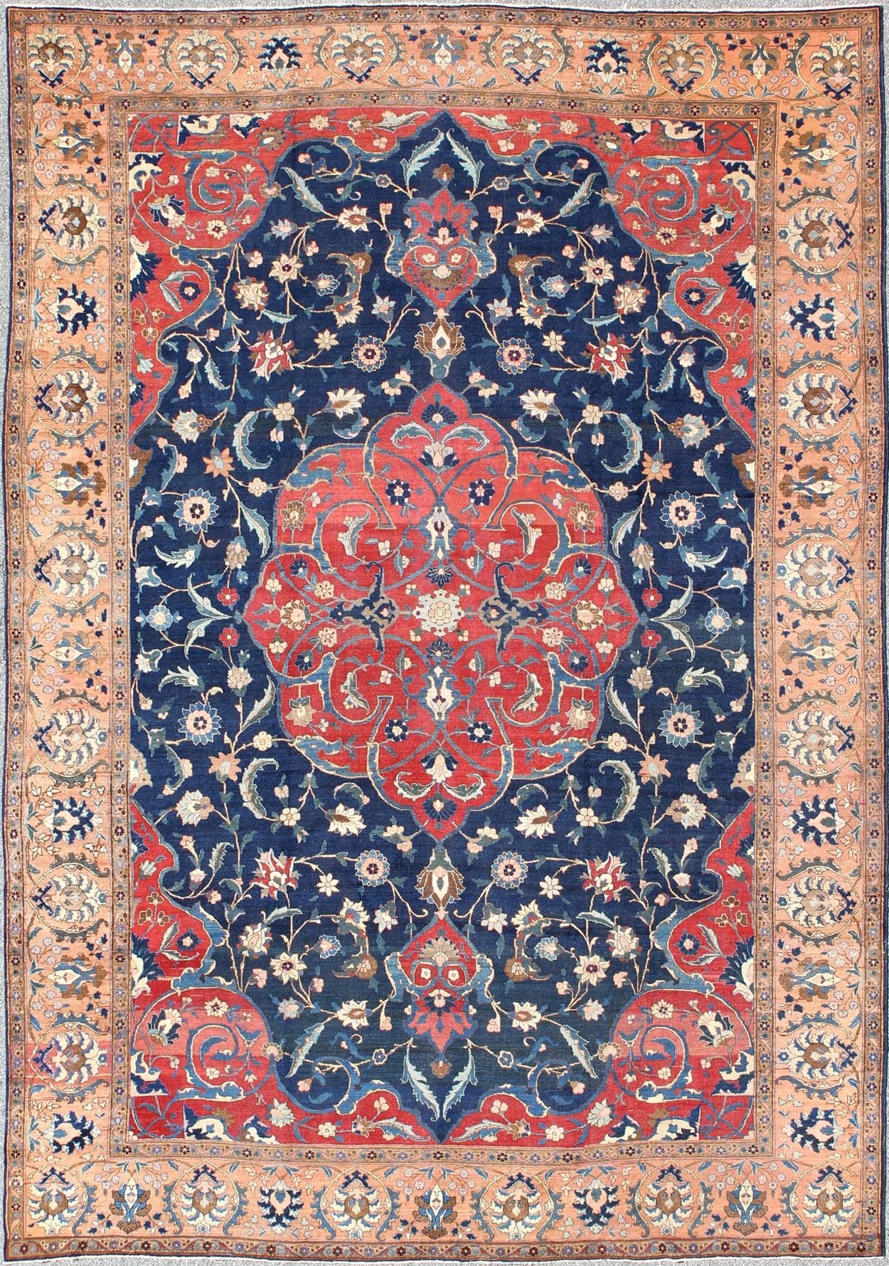 Antique Large Persian Tabriz Rug with Large Flowers On A Navy Background. Antique Persian Tabriz. Keivan Woven Arts / rug HAS - 711, country of origin / type: Persian / Tabriz, circa Early - 20th Century. Measures: 13'0'' x 17'6''. This antique Persi... - Keivan Woven ArtsHAS - 711 - 367