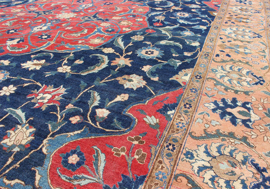 Antique Large Persian Tabriz Rug with Large Flowers On A Navy Background. Antique Persian Tabriz. Keivan Woven Arts / rug HAS - 711, country of origin / type: Persian / Tabriz, circa Early - 20th Century. Measures: 13'0'' x 17'6''. This antique Persi... - Keivan Woven ArtsHAS - 711 - 367Rug