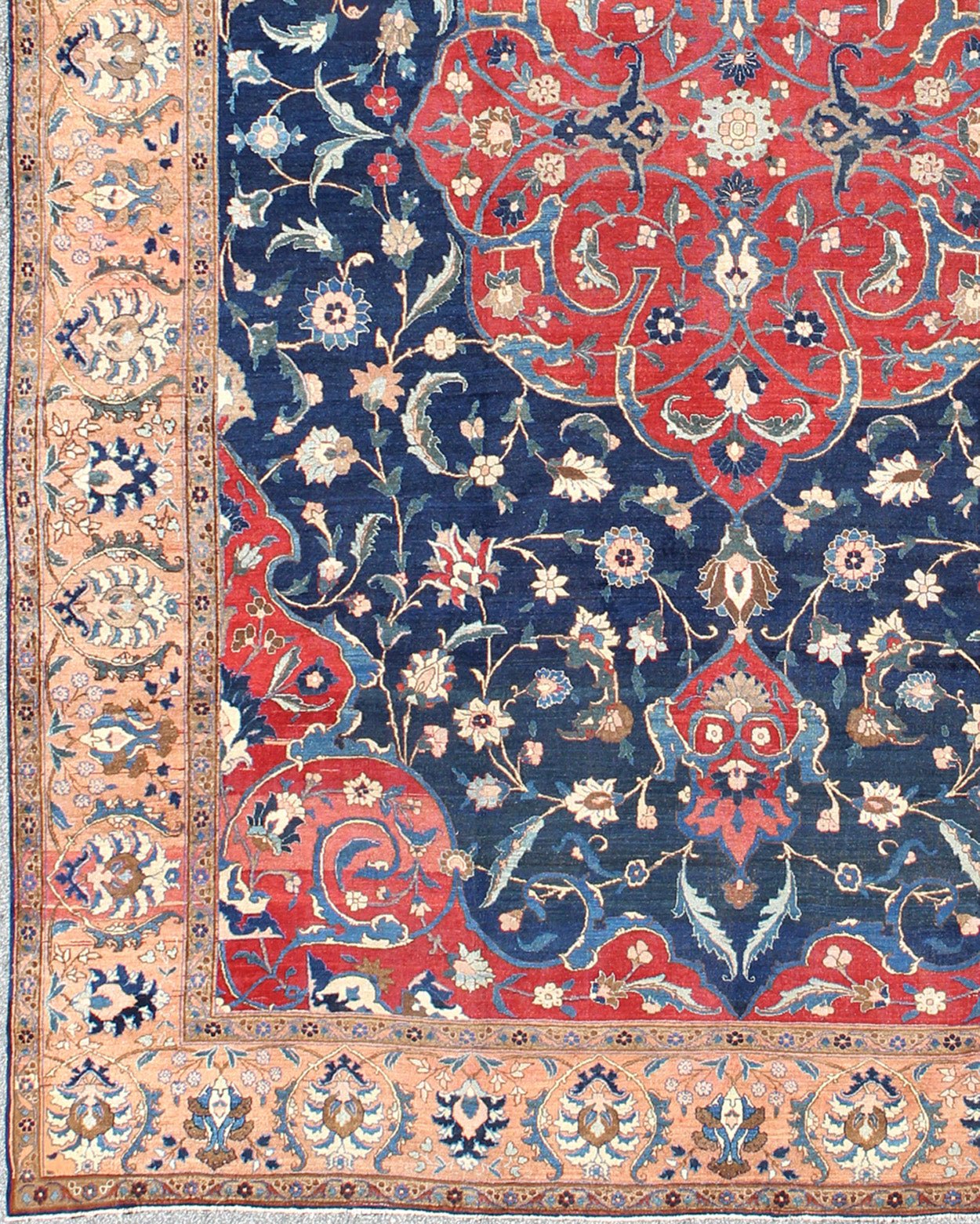 Antique Large Persian Tabriz Rug with Large Flowers On A Navy Background. Antique Persian Tabriz. Keivan Woven Arts / rug HAS - 711, country of origin / type: Persian / Tabriz, circa Early - 20th Century. Measures: 13'0'' x 17'6''. This antique Persi... - Keivan Woven ArtsHAS - 711 - 367Rug