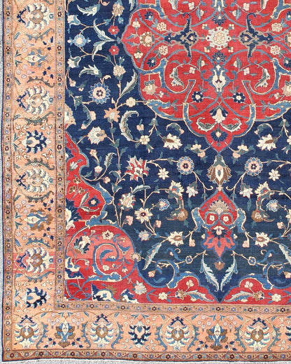 Antique Large Persian Tabriz Rug with Large Flowers On A Navy Background. Antique Persian Tabriz. Keivan Woven Arts / rug HAS - 711, country of origin / type: Persian / Tabriz, circa Early - 20th Century. Measures: 13'0'' x 17'6''. This antique Persi... - Keivan Woven ArtsHAS - 711 - 367Rug