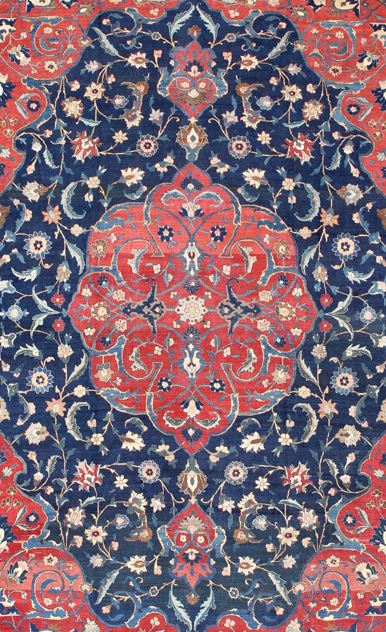 Antique Large Persian Tabriz Rug with Large Flowers On A Navy Background. Antique Persian Tabriz. Keivan Woven Arts / rug HAS - 711, country of origin / type: Persian / Tabriz, circa Early - 20th Century. Measures: 13'0'' x 17'6''. This antique Persi... - Keivan Woven ArtsHAS - 711 - 367
