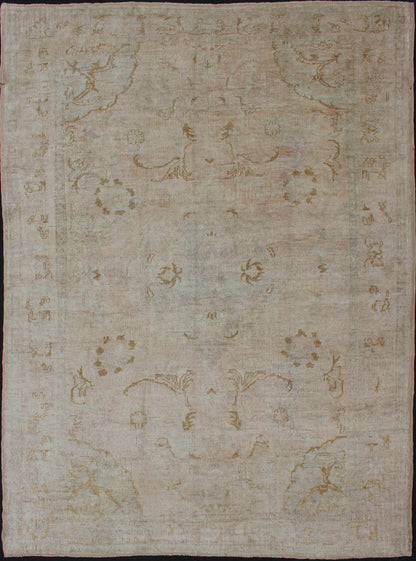 Cream background midcentury vintage Oushak rug from Turkey with floral design, rug hj - 37, country of origin / type: Turkey / Oushak, circa mid - 20th century. Produced in mid - 20th century Turkey, this vintage Oushak is characterized by a comely an... - Keivan Woven ArtsHJ - 37 - 916Rug