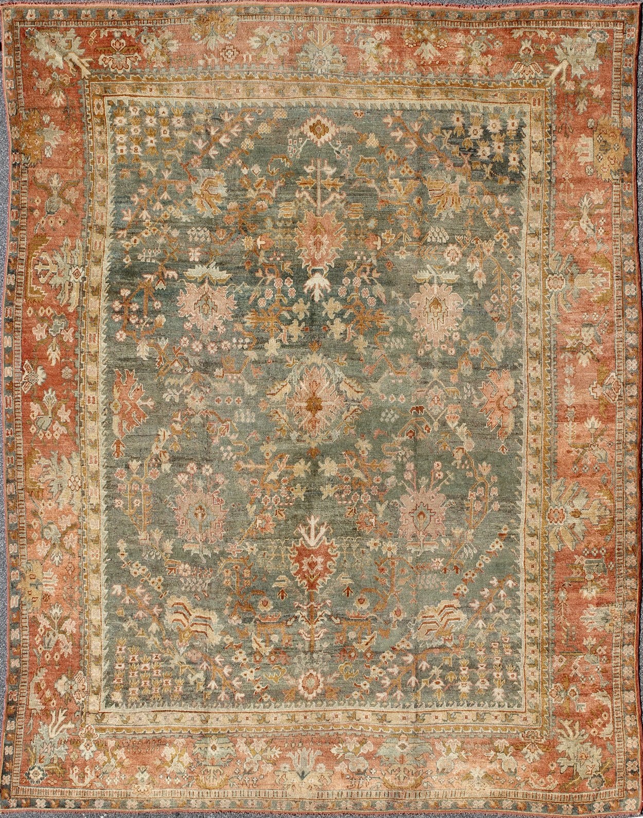 Wide and Large Antique Oushak Rug. Wide Antique Oushak Rug with with Floral Design in Variegated Green & Teal background and soft Terracotta red. Rug / HS - KB - 200, Wide Oushak antique wide Turkish Decorative Oushak antique. This magnificently lar... - Keivan Woven ArtsHS - KB - 200 - 1805Rug
