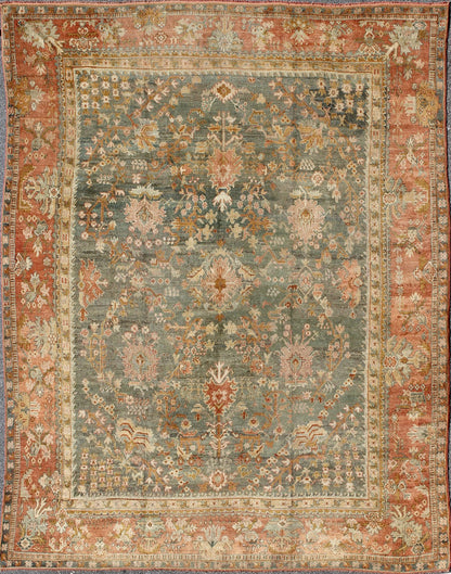 Wide and Large Antique Oushak Rug. Wide Antique Oushak Rug with with Floral Design in Variegated Green & Teal background and soft Terracotta red. Rug / HS - KB - 200, Wide Oushak antique wide Turkish Decorative Oushak antique. This magnificently lar... - Keivan Woven ArtsHS - KB - 200 - 1805Rug