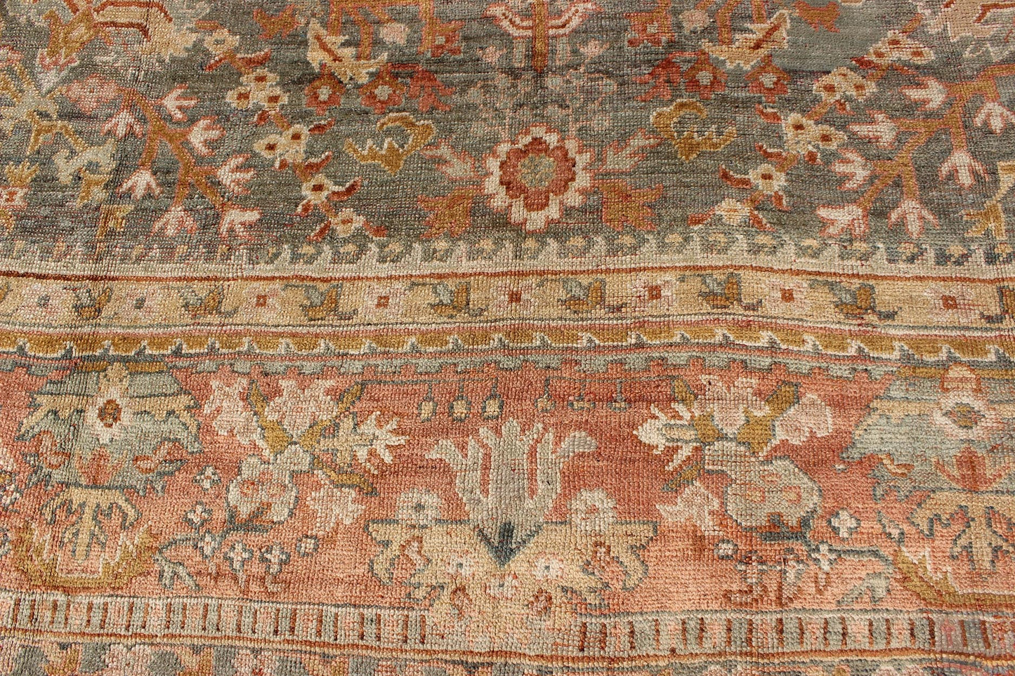 Wide and Large Antique Oushak Rug. Wide Antique Oushak Rug with with Floral Design in Variegated Green & Teal background and soft Terracotta red. Rug / HS - KB - 200, Wide Oushak antique wide Turkish Decorative Oushak antique. This magnificently lar... - Keivan Woven ArtsHS - KB - 200 - 1805Rug
