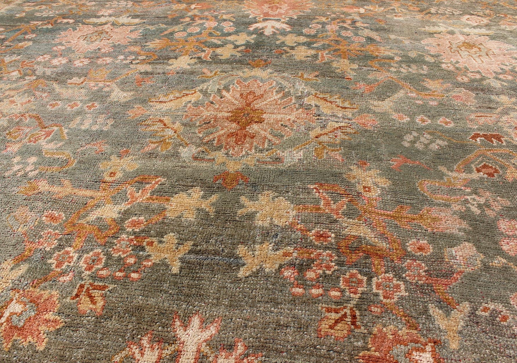 Wide and Large Antique Oushak Rug. Wide Antique Oushak Rug with with Floral Design in Variegated Green & Teal background and soft Terracotta red. Rug / HS - KB - 200, Wide Oushak antique wide Turkish Decorative Oushak antique. This magnificently lar... - Keivan Woven ArtsHS - KB - 200 - 1805Rug