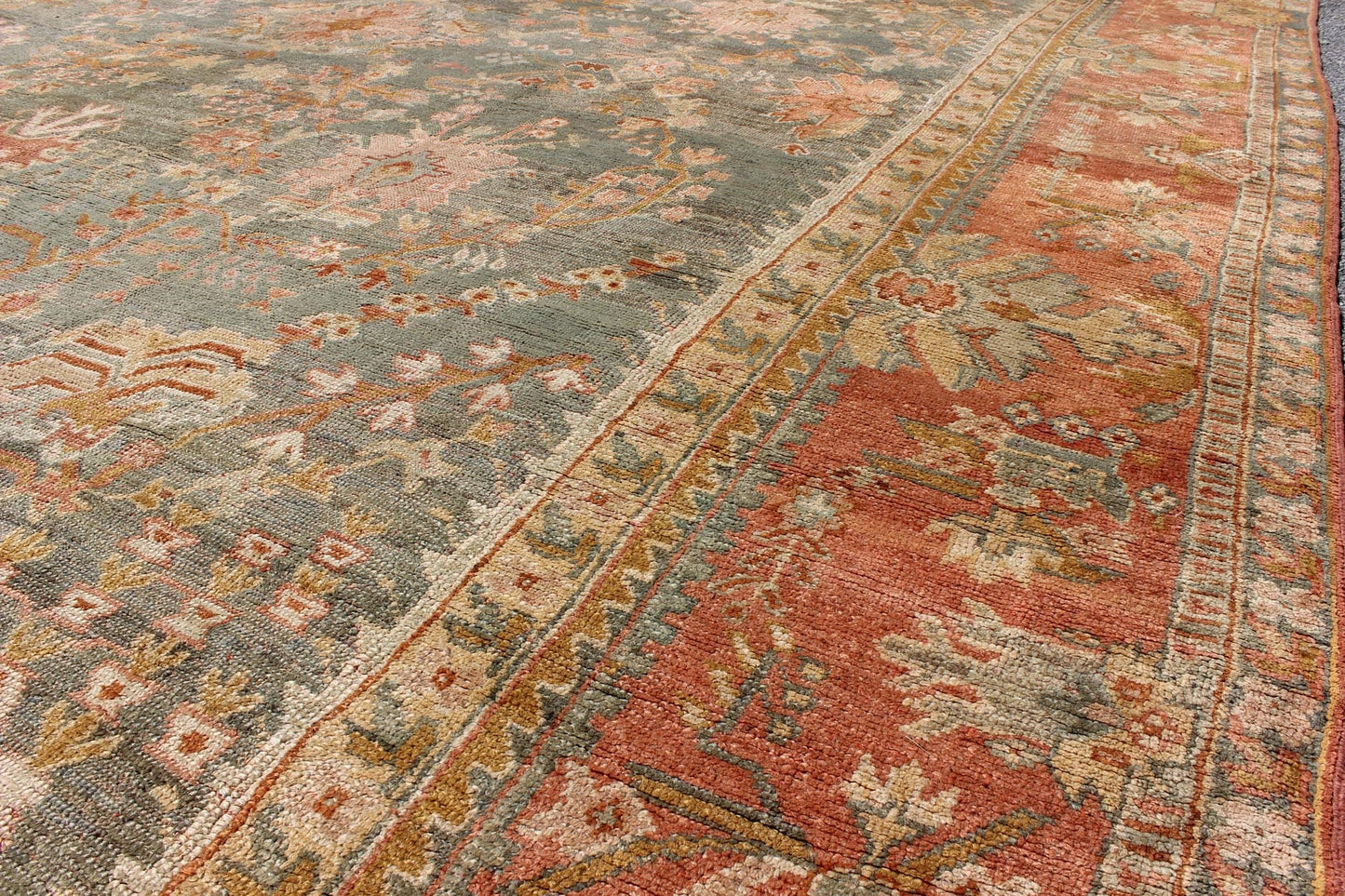 Wide and Large Antique Oushak Rug. Wide Antique Oushak Rug with with Floral Design in Variegated Green & Teal background and soft Terracotta red. Rug / HS - KB - 200, Wide Oushak antique wide Turkish Decorative Oushak antique. This magnificently lar... - Keivan Woven ArtsHS - KB - 200 - 1805Rug