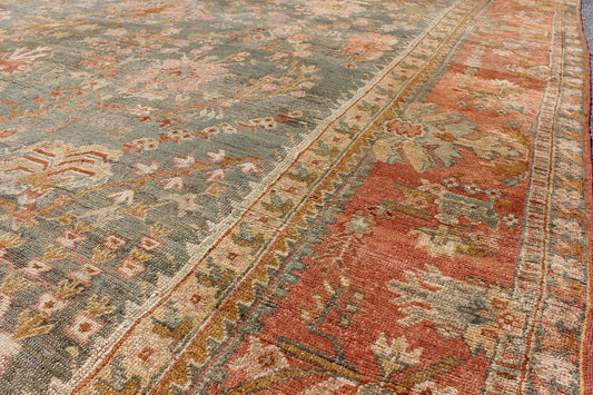 Wide and Large Antique Oushak Rug. Wide Antique Oushak Rug with with Floral Design in Variegated Green & Teal background and soft Terracotta red. Rug / HS - KB - 200, Wide Oushak antique wide Turkish Decorative Oushak antique. This magnificently lar... - Keivan Woven ArtsHS - KB - 200 - 1805Rug