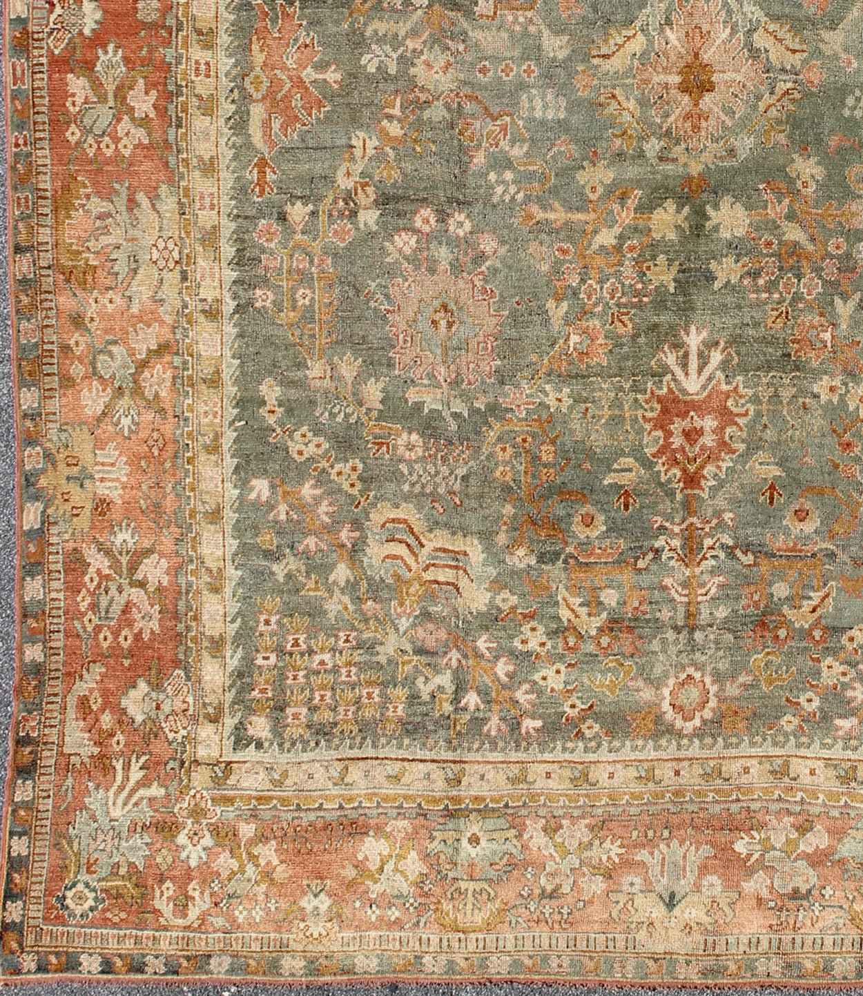 Wide and Large Antique Oushak Rug. Wide Antique Oushak Rug with with Floral Design in Variegated Green & Teal background and soft Terracotta red. Rug / HS - KB - 200, Wide Oushak antique wide Turkish Decorative Oushak antique. This magnificently lar... - Keivan Woven ArtsHS - KB - 200 - 1805Rug
