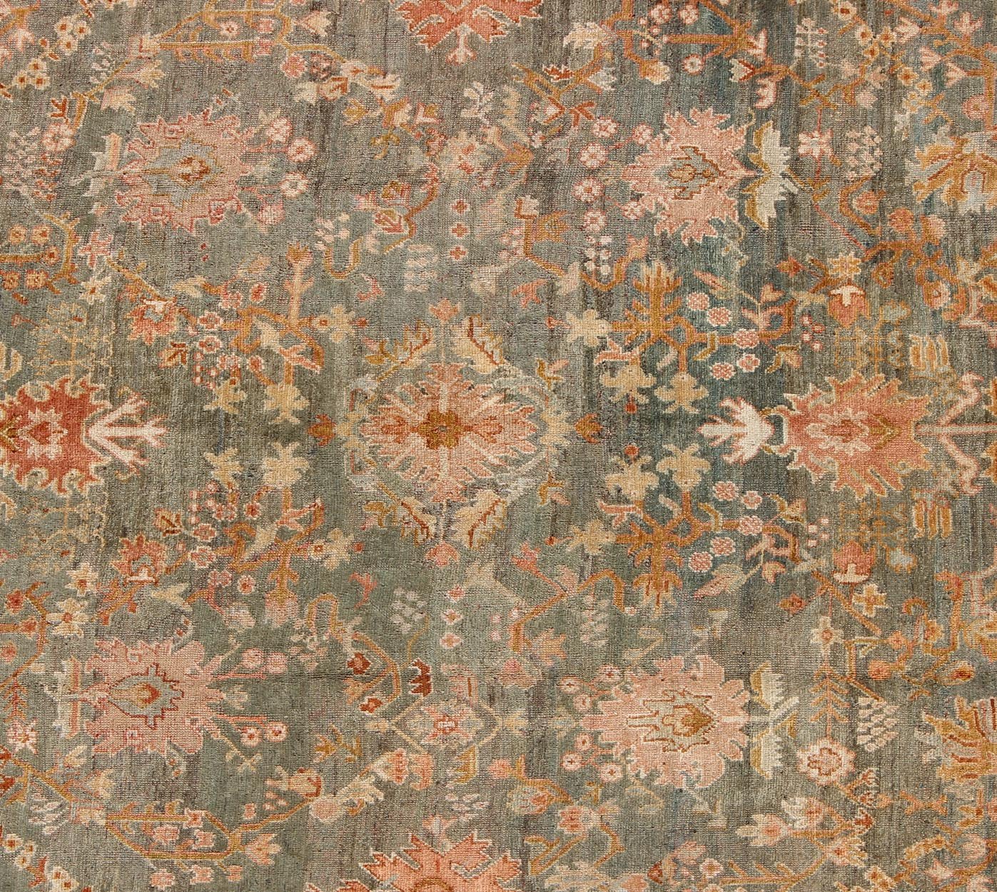 Wide and Large Antique Oushak Rug. Wide Antique Oushak Rug with with Floral Design in Variegated Green & Teal background and soft Terracotta red. Rug / HS - KB - 200, Wide Oushak antique wide Turkish Decorative Oushak antique. This magnificently lar... - Keivan Woven ArtsHS - KB - 200 - 1805Rug