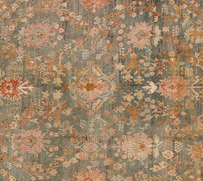 Wide and Large Antique Oushak Rug. Wide Antique Oushak Rug with with Floral Design in Variegated Green & Teal background and soft Terracotta red. Rug / HS - KB - 200, Wide Oushak antique wide Turkish Decorative Oushak antique. This magnificently lar... - Keivan Woven ArtsHS - KB - 200 - 1805Rug