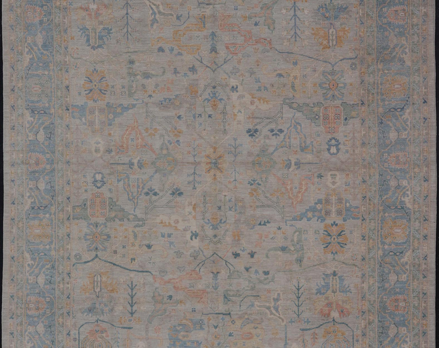 Large Modern Afghan Oushak with Soft Floral Motifs on Light Cream Background. Keivan Woven Arts; rug HUY - 99SK290 Country of Origin: Afghanistan Type: Oushak Design: Floral. Measures: 12'4 x 15'9 This grandiose Oushak features a showcasing intri... - Keivan Woven ArtsHUY - 99SK290 - 25194Rug