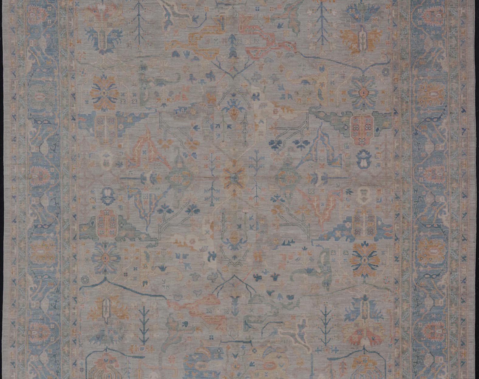 Large Modern Afghan Oushak with Soft Floral Motifs on Light Cream Background. Keivan Woven Arts; rug HUY - 99SK290 Country of Origin: Afghanistan Type: Oushak Design: Floral. Measures: 12'4 x 15'9 This grandiose Oushak features a showcasing intri... - Keivan Woven ArtsHUY - 99SK290 - 25194Rug