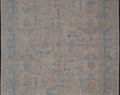 Large Modern Afghan Oushak with Soft Floral Motifs on Light Cream Background. Keivan Woven Arts; rug HUY - 99SK290 Country of Origin: Afghanistan Type: Oushak Design: Floral. Measures: 12'4 x 15'9 This grandiose Oushak features a showcasing intri... - Keivan Woven ArtsHUY - 99SK290 - 25194Rug