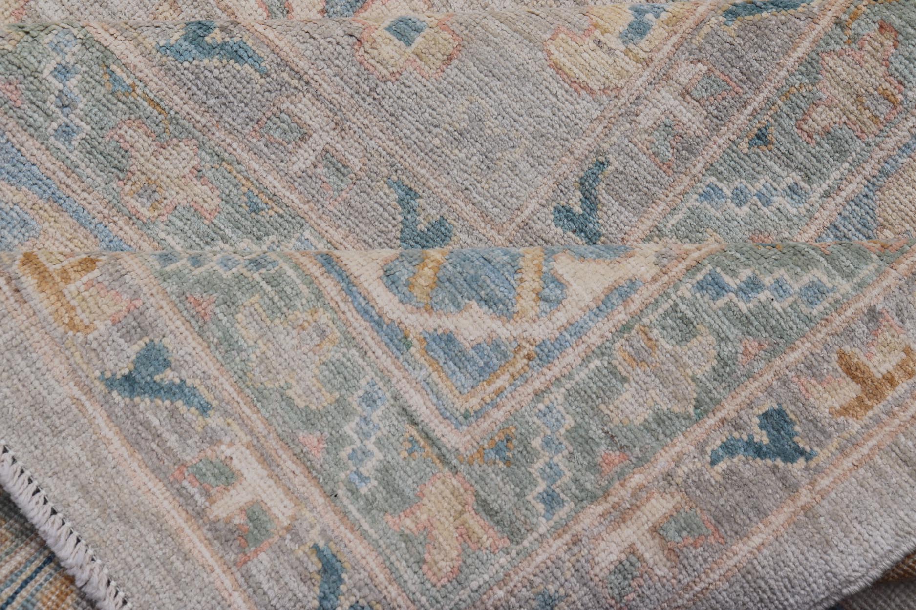 Large Modern Afghan Oushak with Soft Floral Motifs on Light Cream Background. Keivan Woven Arts; rug HUY - 99SK290 Country of Origin: Afghanistan Type: Oushak Design: Floral. Measures: 12'4 x 15'9 This grandiose Oushak features a showcasing intri... - Keivan Woven ArtsHUY - 99SK290 - 25194Rug