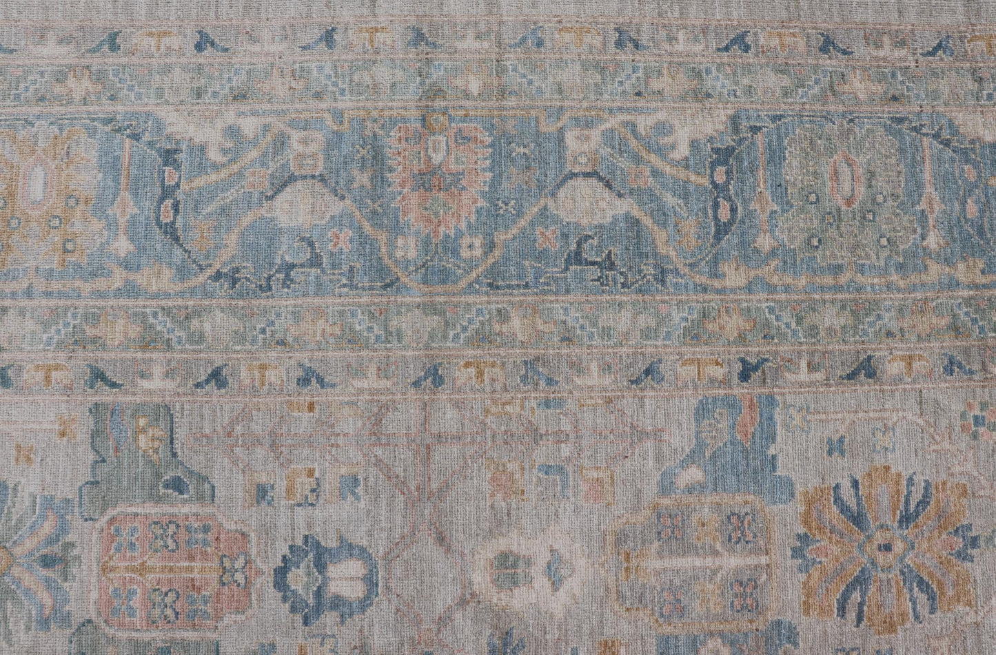 Large Modern Afghan Oushak with Soft Floral Motifs on Light Cream Background. Keivan Woven Arts; rug HUY - 99SK290 Country of Origin: Afghanistan Type: Oushak Design: Floral. Measures: 12'4 x 15'9 This grandiose Oushak features a showcasing intri... - Keivan Woven ArtsHUY - 99SK290 - 25194Rug