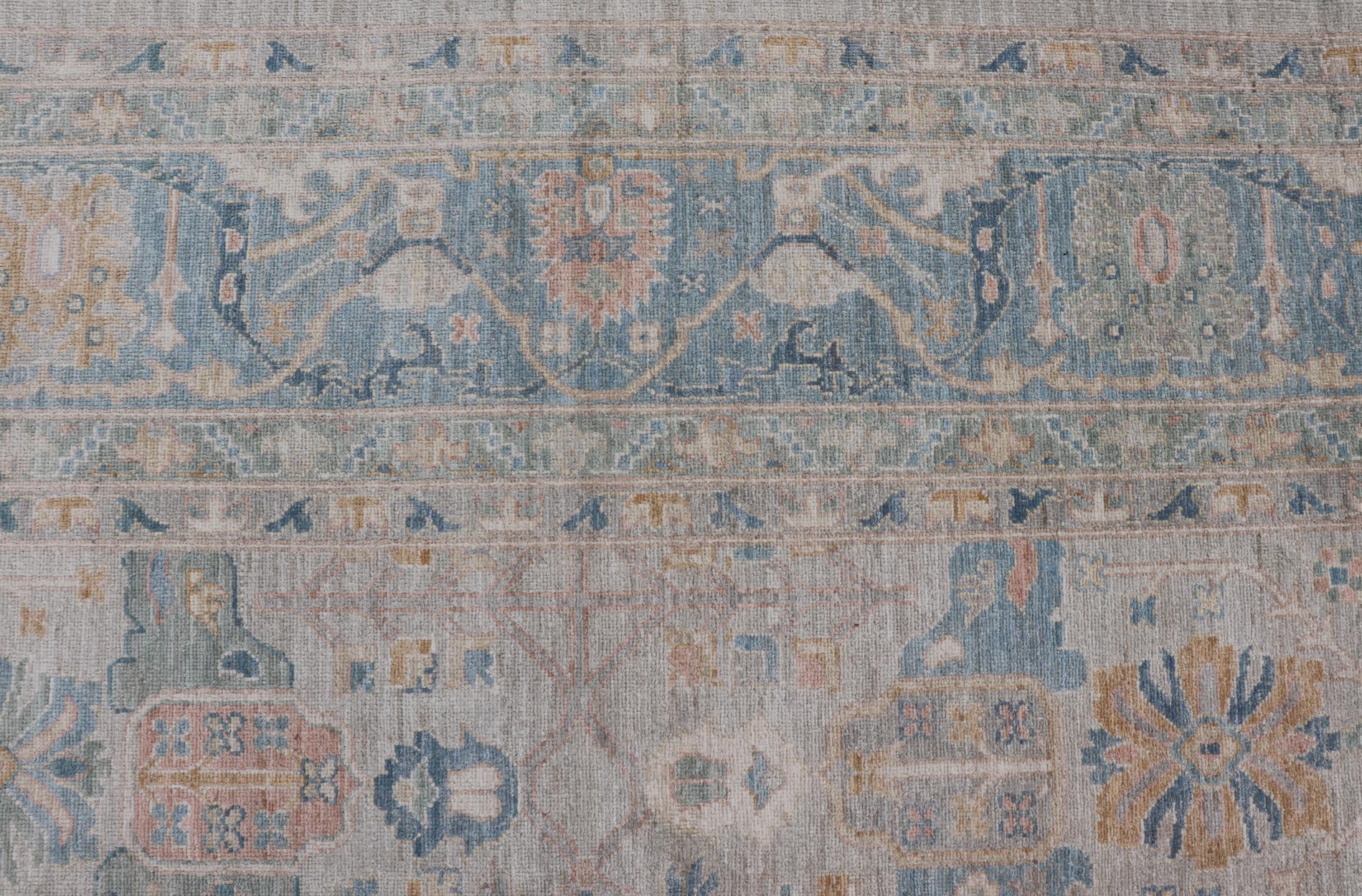 Large Modern Afghan Oushak with Soft Floral Motifs on Light Cream Background. Keivan Woven Arts; rug HUY - 99SK290 Country of Origin: Afghanistan Type: Oushak Design: Floral. Measures: 12'4 x 15'9 This grandiose Oushak features a showcasing intri... - Keivan Woven ArtsHUY - 99SK290 - 25194Rug