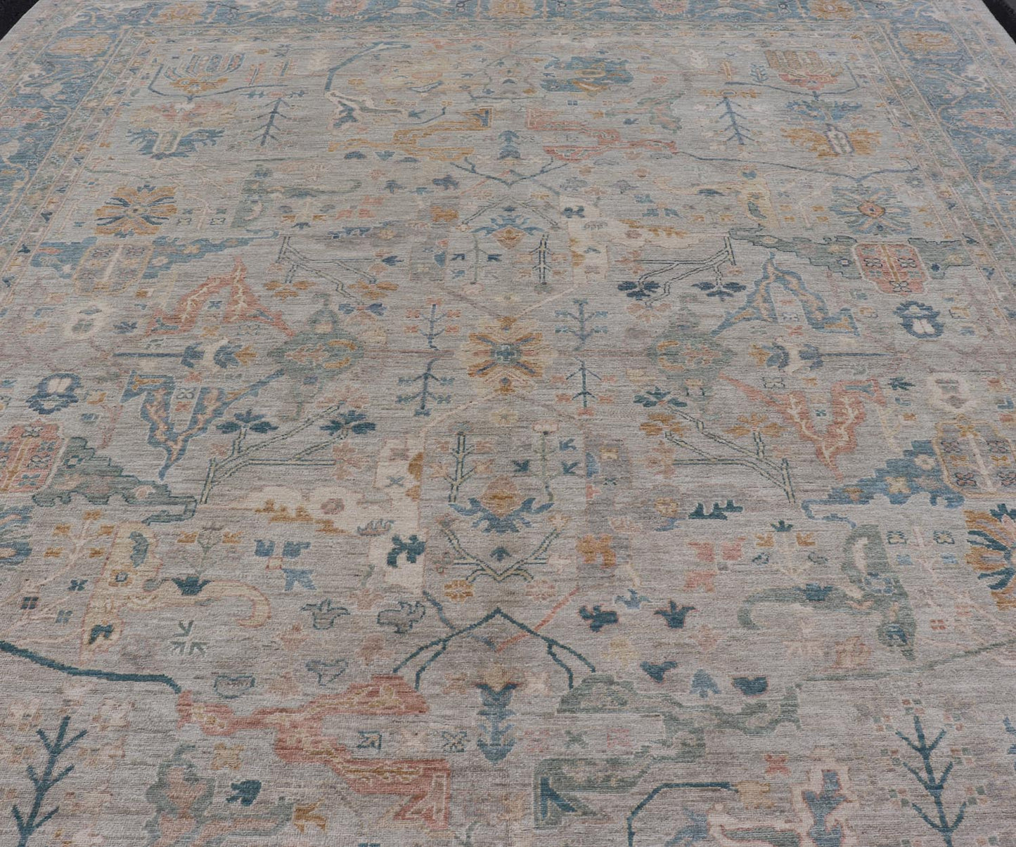 Large Modern Afghan Oushak with Soft Floral Motifs on Light Cream Background. Keivan Woven Arts; rug HUY - 99SK290 Country of Origin: Afghanistan Type: Oushak Design: Floral. Measures: 12'4 x 15'9 This grandiose Oushak features a showcasing intri... - Keivan Woven ArtsHUY - 99SK290 - 25194Rug