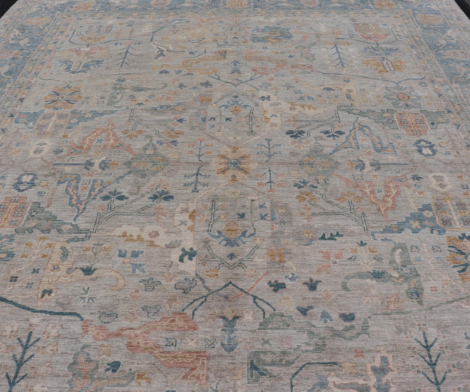 Large Modern Afghan Oushak with Soft Floral Motifs on Light Cream Background. Keivan Woven Arts; rug HUY - 99SK290 Country of Origin: Afghanistan Type: Oushak Design: Floral. Measures: 12'4 x 15'9 This grandiose Oushak features a showcasing intri... - Keivan Woven ArtsHUY - 99SK290 - 25194Rug
