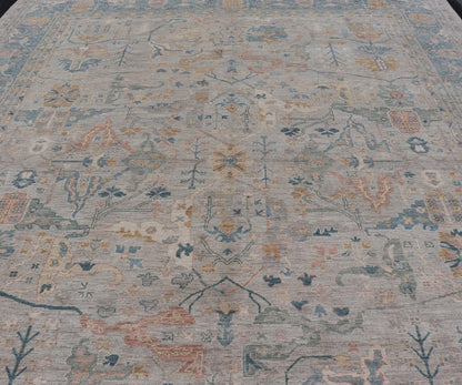 Large Modern Afghan Oushak with Soft Floral Motifs on Light Cream Background. Keivan Woven Arts; rug HUY - 99SK290 Country of Origin: Afghanistan Type: Oushak Design: Floral. Measures: 12'4 x 15'9 This grandiose Oushak features a showcasing intri... - Keivan Woven ArtsHUY - 99SK290 - 25194Rug