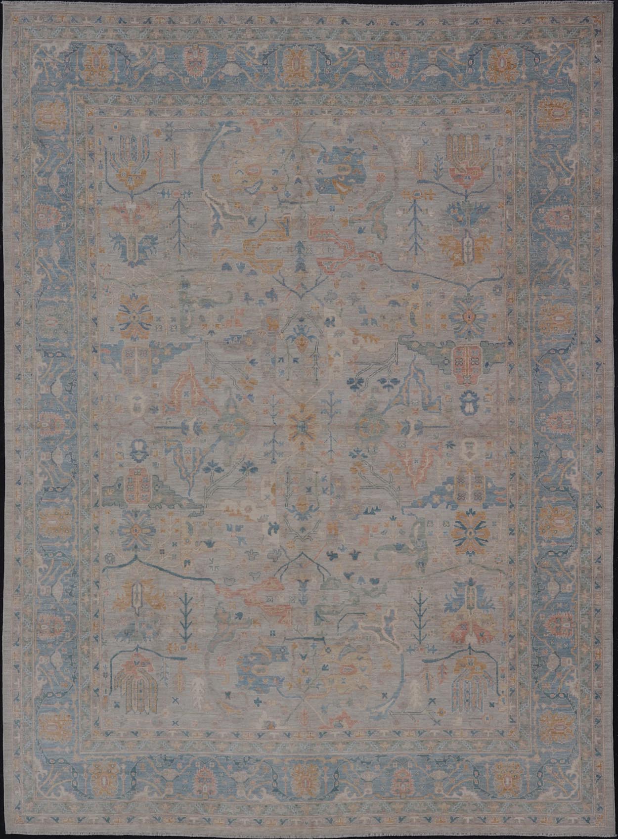 Large Modern Afghan Oushak with Soft Floral Motifs on Light Cream Background. Keivan Woven Arts; rug HUY - 99SK290 Country of Origin: Afghanistan Type: Oushak Design: Floral. Measures: 12'4 x 15'9 This grandiose Oushak features a showcasing intri... - Keivan Woven ArtsHUY - 99SK290 - 25194Rug