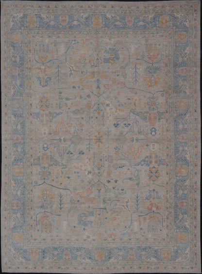 Large Modern Afghan Oushak with Soft Floral Motifs on Light Cream Background. Keivan Woven Arts; rug HUY - 99SK290 Country of Origin: Afghanistan Type: Oushak Design: Floral. Measures: 12'4 x 15'9 This grandiose Oushak features a showcasing intri... - Keivan Woven ArtsHUY - 99SK290 - 25194Rug