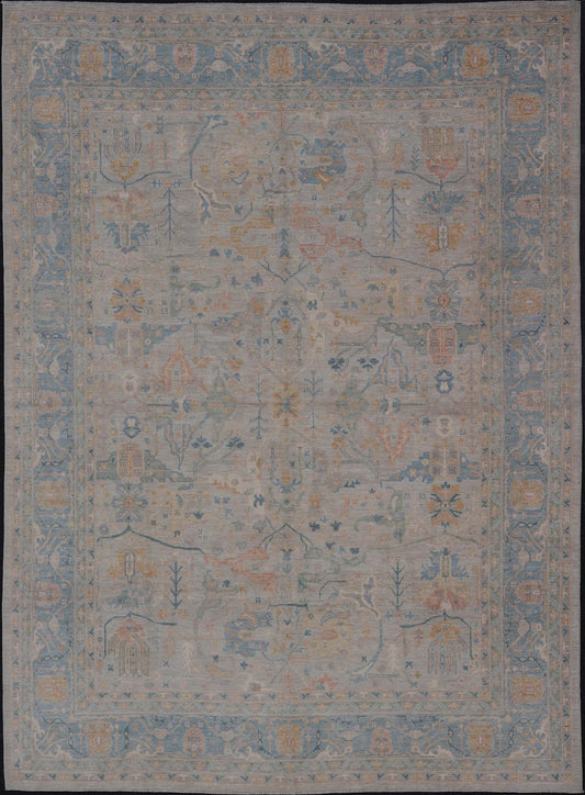 Large Modern Afghan Oushak with Soft Floral Motifs on Light Cream Background. Keivan Woven Arts; rug HUY - 99SK290 Country of Origin: Afghanistan Type: Oushak Design: Floral. Measures: 12'4 x 15'9 This grandiose Oushak features a showcasing intri... - Keivan Woven ArtsHUY - 99SK290 - 25194Rug