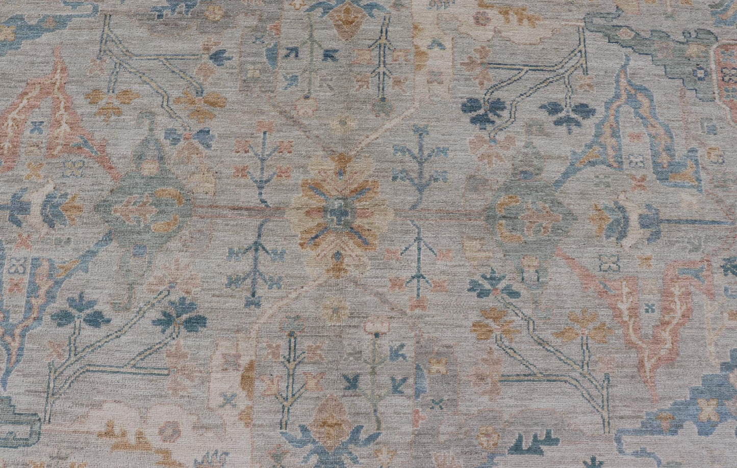 Large Modern Afghan Oushak with Soft Floral Motifs on Light Cream Background. Keivan Woven Arts; rug HUY - 99SK290 Country of Origin: Afghanistan Type: Oushak Design: Floral. Measures: 12'4 x 15'9 This grandiose Oushak features a showcasing intri... - Keivan Woven ArtsHUY - 99SK290 - 25194Rug