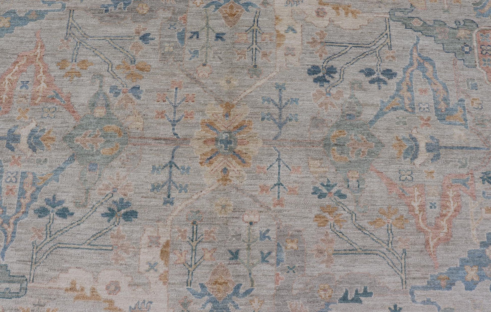 Large Modern Afghan Oushak with Soft Floral Motifs on Light Cream Background. Keivan Woven Arts; rug HUY - 99SK290 Country of Origin: Afghanistan Type: Oushak Design: Floral. Measures: 12'4 x 15'9 This grandiose Oushak features a showcasing intri... - Keivan Woven ArtsHUY - 99SK290 - 25194Rug