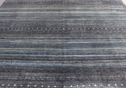 Large Modern Rug with Transitional Design in Shades of Black, Greens and Blue's. Keivan Woven Arts /origin/ India Circa / 2020 - Rug/ HUY - 99SK601 / 21st Century. Measures: 12'1 x 16'0 This fine hand - woven Modern Transitional rug features a beauti... - Keivan Woven ArtsHUY - 99SK601 - 25200Rug