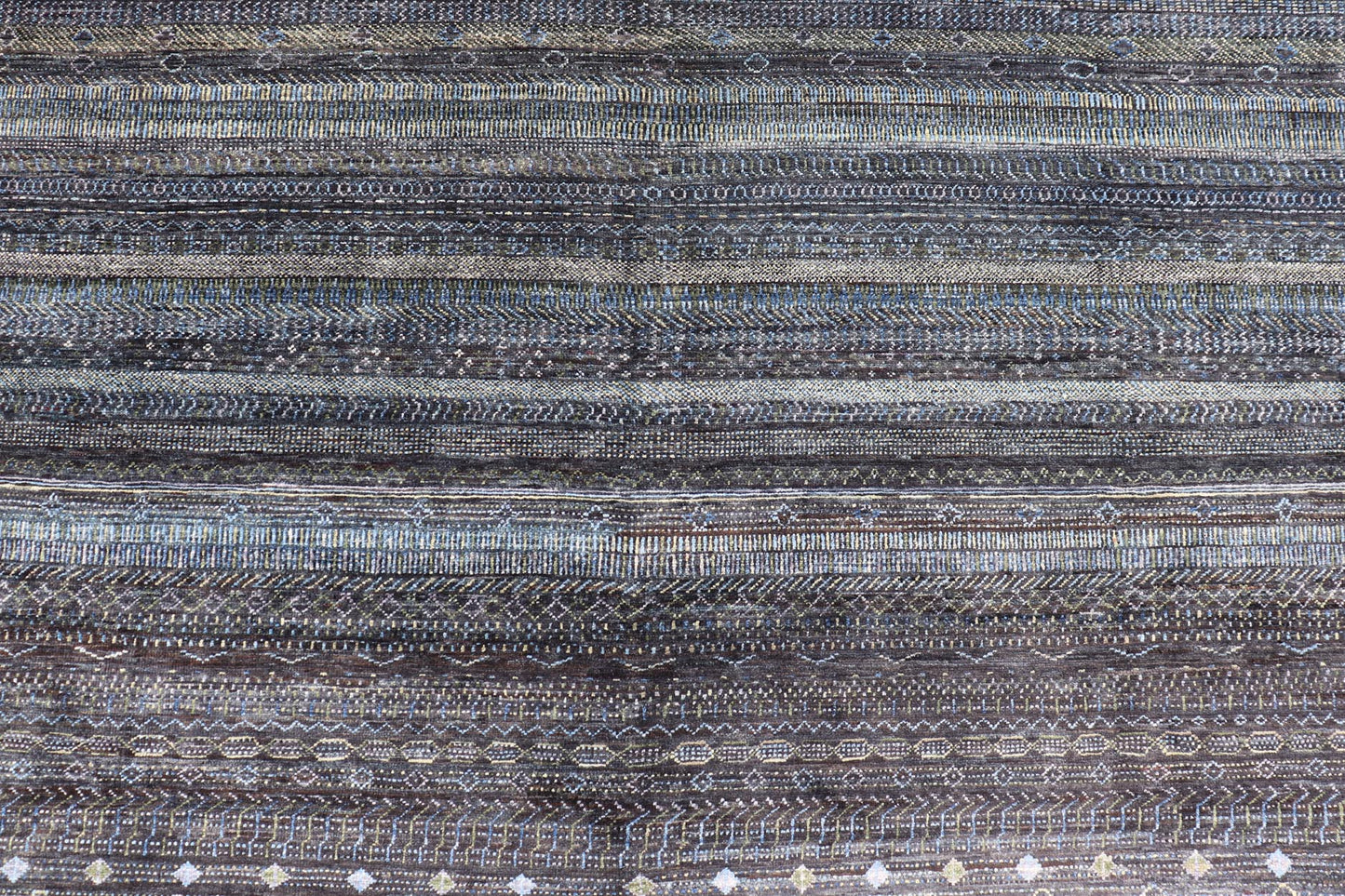 Large Modern Rug with Transitional Design in Shades of Black, Greens and Blue's. Keivan Woven Arts /origin/ India Circa / 2020 - Rug/ HUY - 99SK601 / 21st Century. Measures: 12'1 x 16'0 This fine hand - woven Modern Transitional rug features a beauti... - Keivan Woven ArtsHUY - 99SK601 - 25200Rug