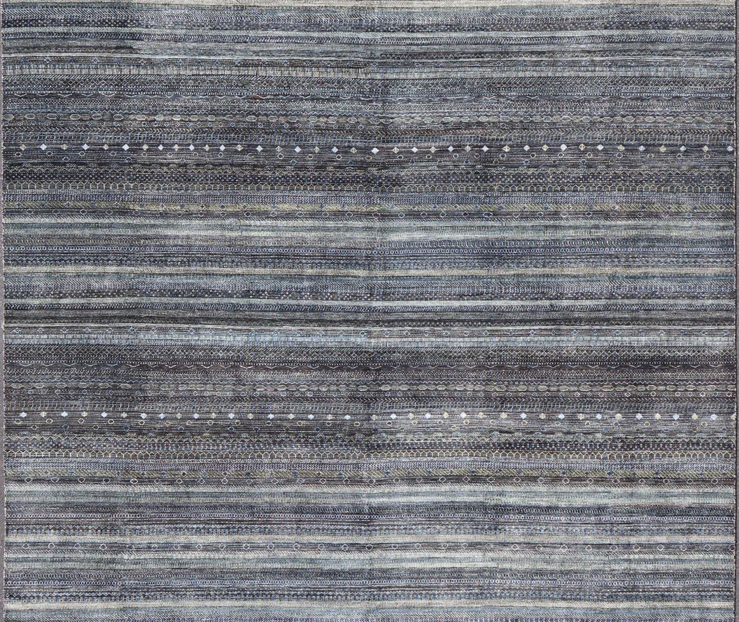 Large Modern Rug with Transitional Design in Shades of Black, Greens and Blue's. Keivan Woven Arts /origin/ India Circa / 2020 - Rug/ HUY - 99SK601 / 21st Century. Measures: 12'1 x 16'0 This fine hand - woven Modern Transitional rug features a beauti... - Keivan Woven ArtsHUY - 99SK601 - 25200Rug