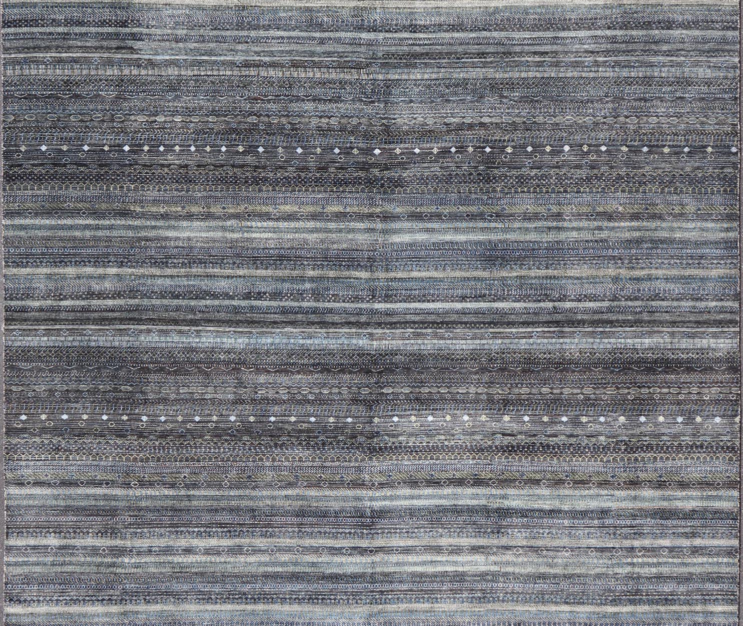 Large Modern Rug with Transitional Design in Shades of Black, Greens and Blue's. Keivan Woven Arts /origin/ India Circa / 2020 - Rug/ HUY - 99SK601 / 21st Century. Measures: 12'1 x 16'0 This fine hand - woven Modern Transitional rug features a beauti... - Keivan Woven ArtsHUY - 99SK601 - 25200Rug