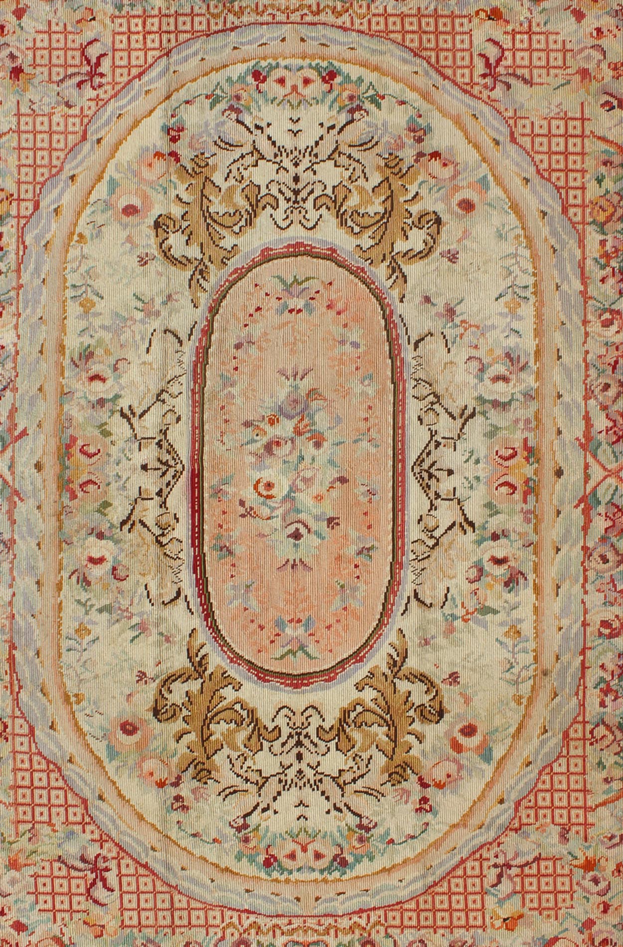 Antique English Needlepoint with Floral Design and Central Floral Medallion. Antique English Needlepoint with Floral Design and Central Floral Medallion. Rug/I - 0201, French Aubusson, Needlepoint Aubusson. This colorful antique English n... - Keivan Woven ArtsI - 0201 - 1987Rug