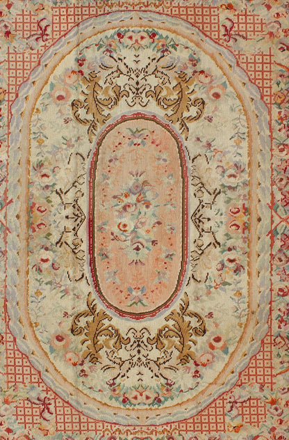 Antique English Needlepoint with Floral Design and Central Floral Medallion. Antique English Needlepoint with Floral Design and Central Floral Medallion. Rug/I - 0201, French Aubusson, Needlepoint Aubusson. This colorful antique English n... - Keivan Woven ArtsI - 0201 - 1987Rug
