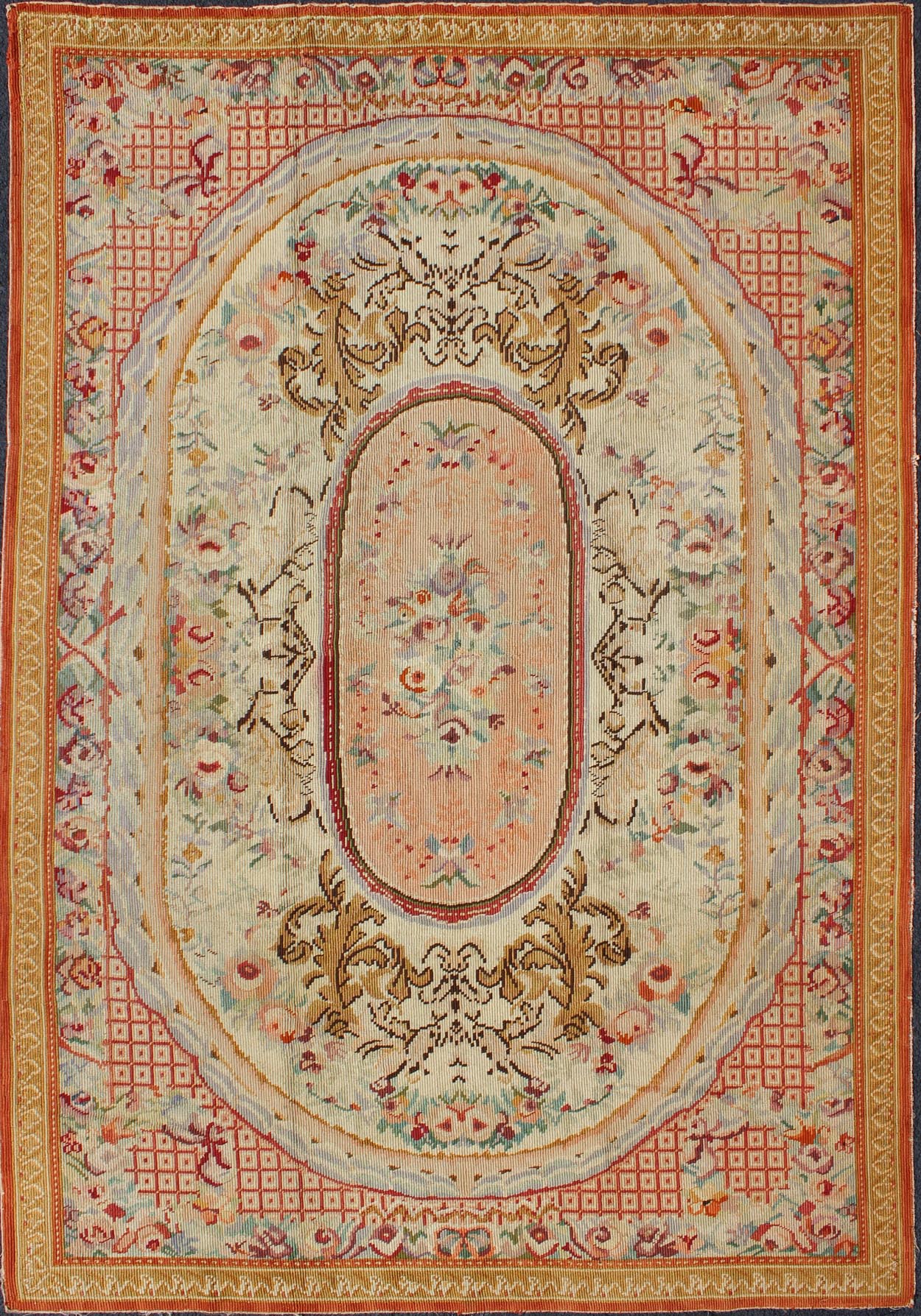 Antique English Needlepoint with Floral Design and Central Floral Medallion. Antique English Needlepoint with Floral Design and Central Floral Medallion. Rug/I - 0201, French Aubusson, Needlepoint Aubusson. This colorful antique English n... - Keivan Woven ArtsI - 0201 - 1987Rug