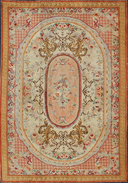 Antique English Needlepoint with Floral Design and Central Floral Medallion. Antique English Needlepoint with Floral Design and Central Floral Medallion. Rug/I - 0201, French Aubusson, Needlepoint Aubusson. This colorful antique English n... - Keivan Woven ArtsI - 0201 - 1987Rug